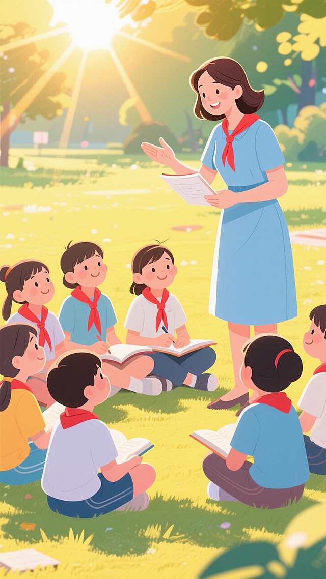 女老师在阳光下给学生们上课，阳光洒脱在老师和学生身上，呈现温馨积极氛围，学生们戴红领巾