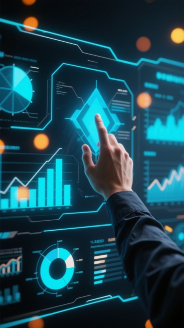 一只穿着深色长袖衬衫的手，手指正触摸着一个充满未来科技感的全息投影界面，界面由蓝色和青色的几何图形、数据图表、3D柱状图、环形图等数据可视化元素构成，线条流畅且带有发光效果，背景是深邃的暗色调，点缀着橙色和黄色的散景光斑，营造出科技感与数据交互的氛围。预览效果
