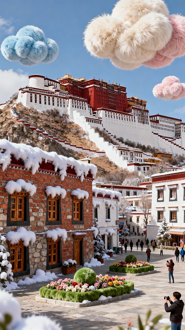 以 “柔绒混搭地标” 为核心灵感：选取布达拉宫这一标志性建筑为主体，保留其红白建筑的辨识度，同时用蓬松雪绒覆于建筑檐角、街巷，搭配毛绒质感的云朵与花坛，让庄重的世界文化遗产融入软萌的童话肌理；街巷中行人、拍照者的存在，既添生活烟火气，又以 “现实人物 + 柔绒场景” 的反差，模糊现实与梦境的边界 —— 用柔软纤维消解地标建筑的肃穆感，织就一场 “神圣地标落进暖糯童话” 的奇幻碰撞，每一处绒感细节都