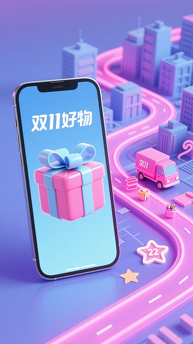 梦幻感与科技感交织的3D风微缩城市，手机屏幕呈现双11好物，粉色礼盒与霓虹道路营造甜美可爱氛围，塑料质感强化视觉冲击。