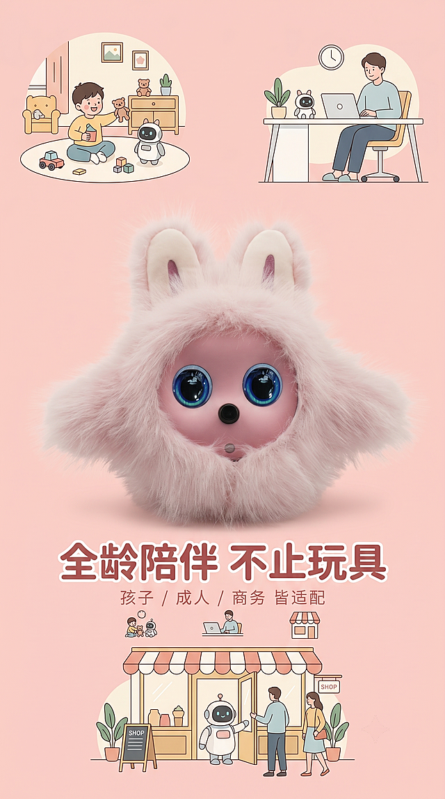 画面中心为粉色猫头鹰机器人，背景为温馨浅粉色，四周点缀孩子玩耍、成人办公、店铺迎宾的简约场景插画，整体平衡构图，主文案"全龄陪伴 不止玩具"居中，粗体圆润；副文案"孩子 / 成人 / 商务 皆适配"在主文案下方，纤细浅灰字体，下方用场景小图辅助展示，8K 高清，产品毛绒质感细腻，场景插画简约干净，色彩柔和，无噪点