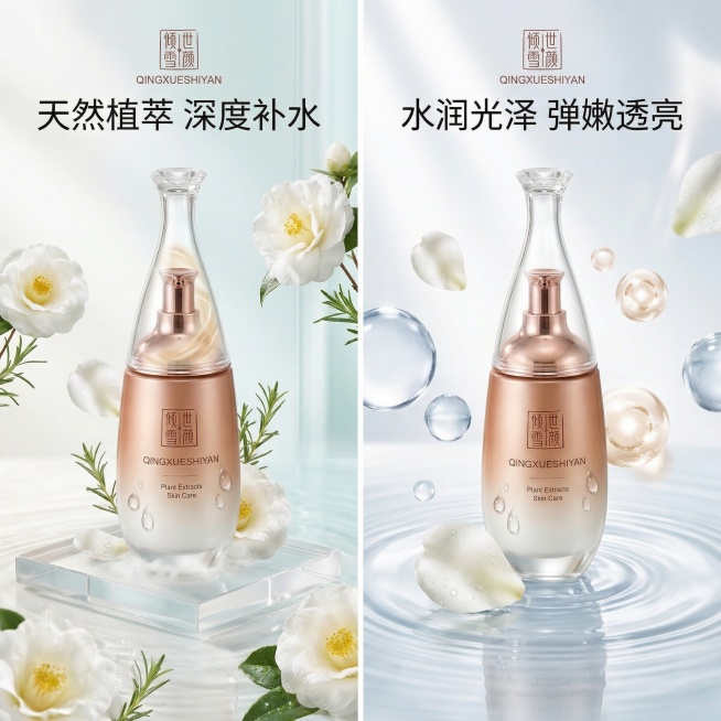 生成两张倾雪世颜保湿精华电商主图，参考原产品主图的香槟金渐变瓶身，配色和主图保持一致，整体风格清新淡雅，简约干净背景，分别突出天然植萃补水和水润弹嫩两个卖点，保留倾雪世颜品牌文字，高端精致预览效果