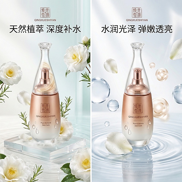 生成两张倾雪世颜保湿精华电商主图，参考原产品主图的香槟金渐变瓶身，配色和主图保持一致，整体风格清新淡雅，简约干净背景，分别突出天然植萃补水和水润弹嫩两个卖点，保留倾雪世颜品牌文字，高端精致