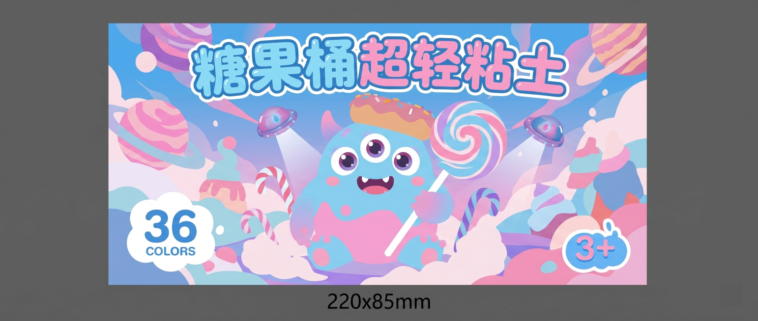 保持当前蓝粉色系怪兽标签内容，调整画面为更平整的平面风格，降低立体光影效果，尺寸保持220*85预览效果