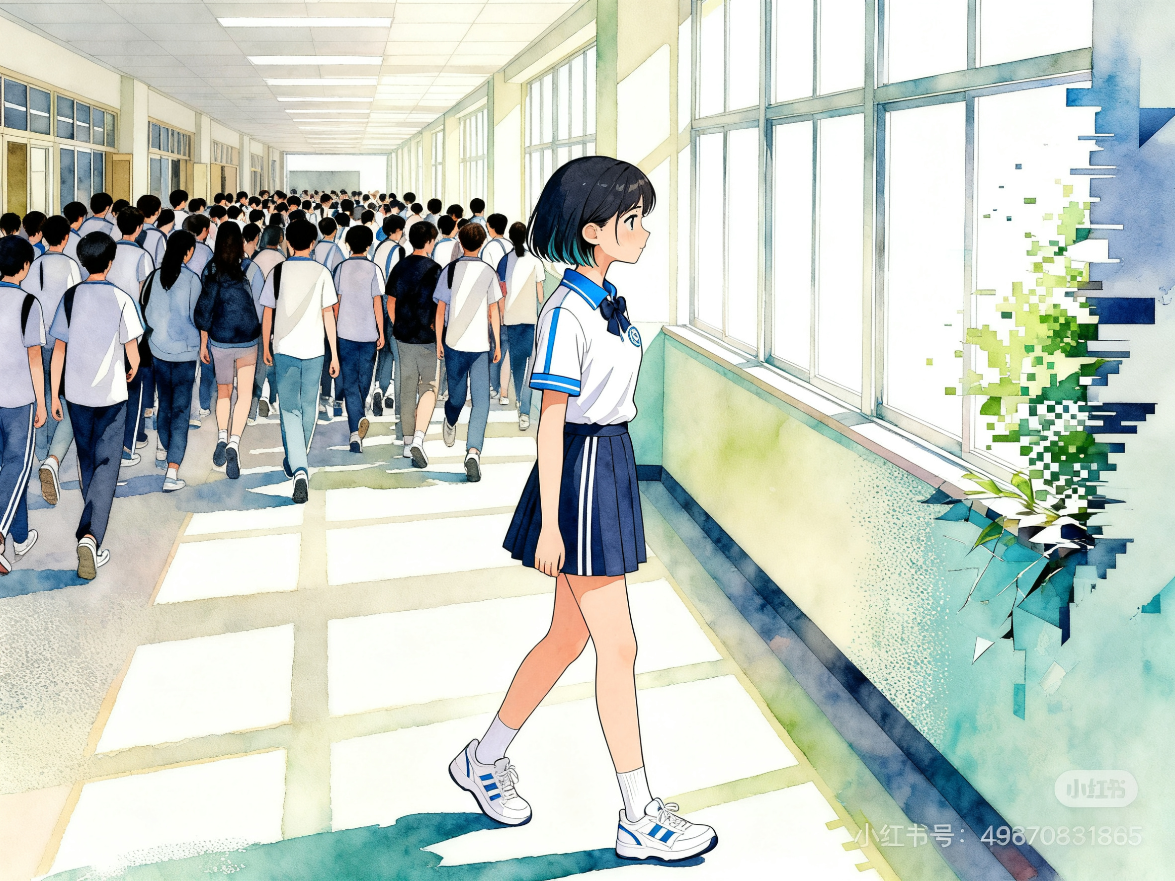 白天大学下课高峰期的走廊，顶光加窗边自然光，明亮通透，大量学生… - 图片创意预览
