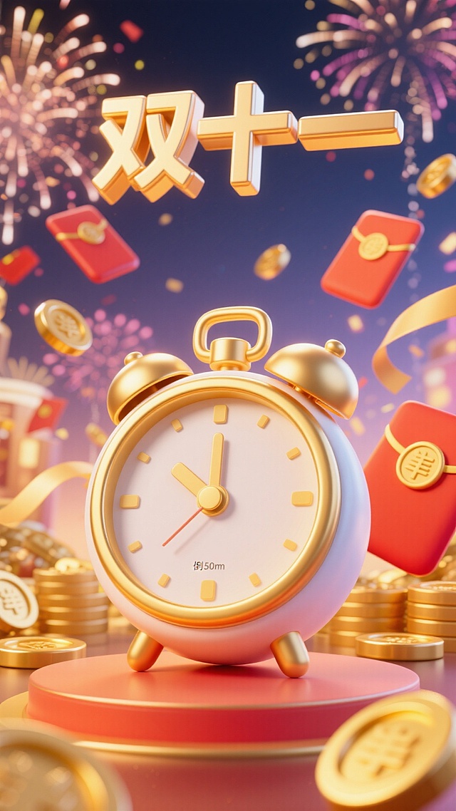 软3D风融合国潮元素，鎏金质感闹钟与红包金币飞舞，烟花绽放，营造喜庆热烈的双十一氛围。