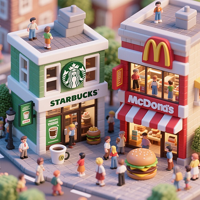 俯拍视角，超高清视觉效果，3D立体设计质感构图，微缩模型场景。画面左侧是一栋两层的星巴克微缩建筑，绿色和白色相间的外墙，门外立着绿色促销海报和咖啡杯模型；右侧是一栋两层的麦当劳微缩建筑，红白相间的外墙，门外摆放着汉堡模型。建筑周围有许多微缩人偶在逛街，两家店铺内也有多个微缩人偶正在购物，整体场景精致细腻，充满生活气息