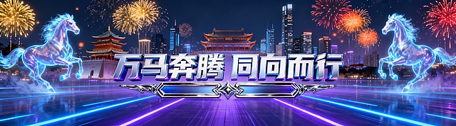 参照此图生成一个18:5的图片，中间字体换成“万马奔腾同向而行”