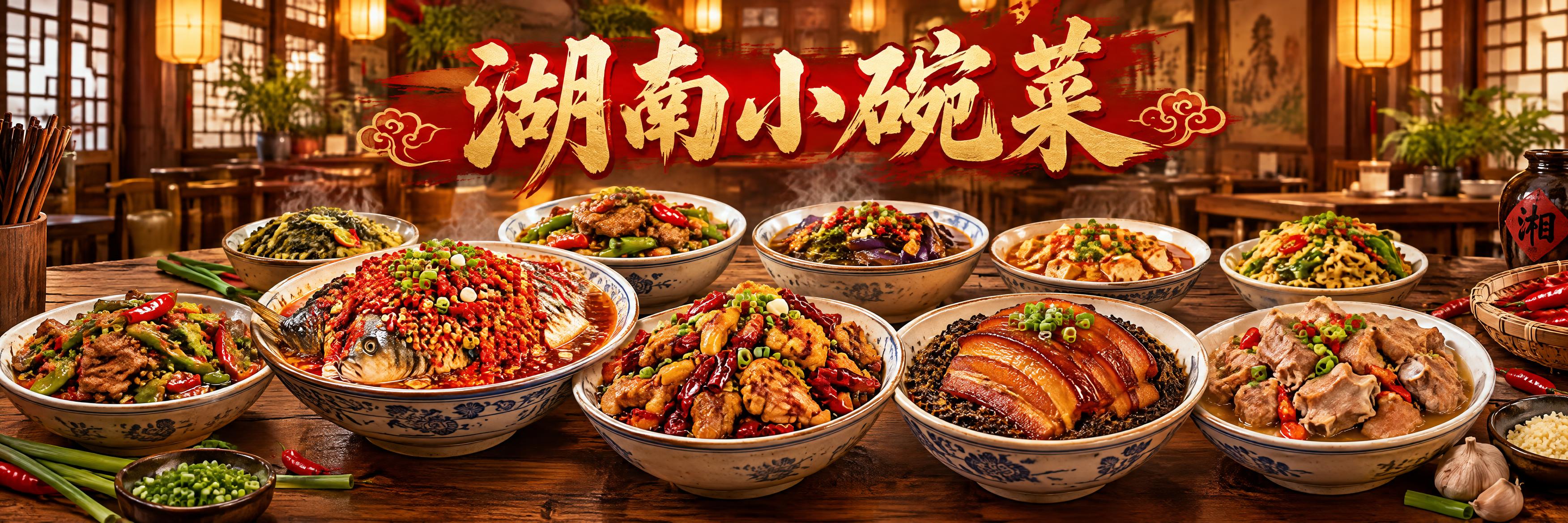 湖南小碗菜餐饮海报设计，1053x264横版尺寸。画面中央是丰… - 图片创意预览