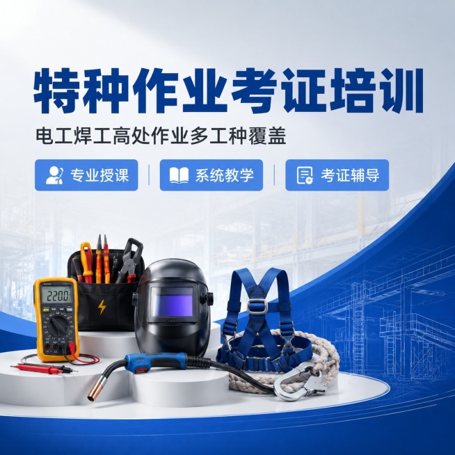 [主图-1] 特种作业考证培训课程首图；
[氛围风格] 专业稳重可信的职业技能培训风格；
[画质] 商业设计质感，文字清晰锐利，画面干净通透，整体高级简洁。
[元素] 画面中心突出特种作业培训主题，左预览效果