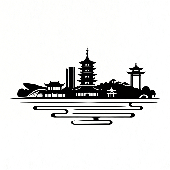 杭州城市地标建筑的黑色剪影风格作品，线条流畅简洁，包含西湖、雷峰塔等标志性景观，整体呈现简约大气的装饰感，单色系剪影构图预览效果