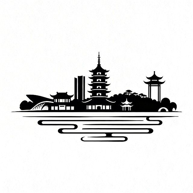 杭州城市地标建筑的黑色剪影风格作品，线条流畅简洁，包含西湖、雷峰塔等标志性景观，整体呈现简约大气的装饰感，单色系剪影构图