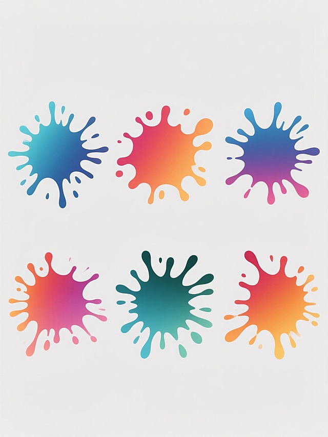 一组六个完全不同造型的泼墨元素系列素材，每个泼墨造型独特，色彩各异，均采用纯色彩背景，保持数字艺术的平滑过渡质感，整体呈现出简约现代的设计感，规整排布，无任何文字。