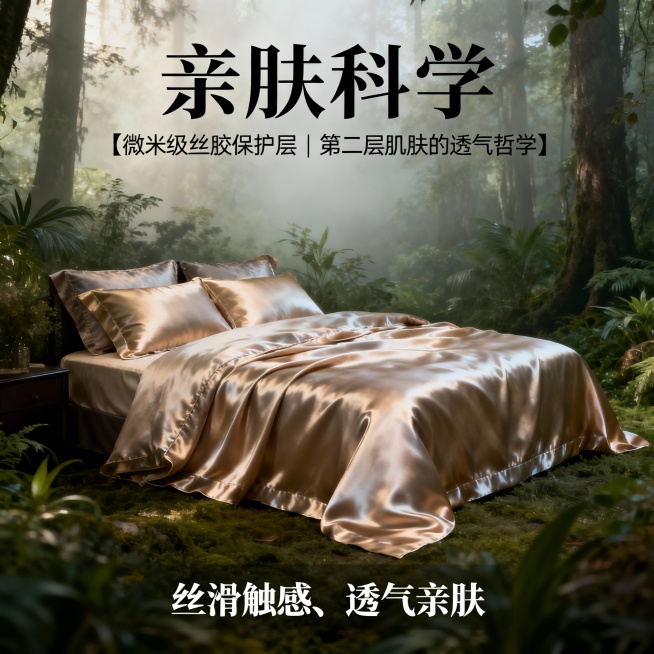 现在我的需求是作为电商设计人要求有平铺展示员，要做一套真丝床品四件套的电商套图。其中包括主图4张，详情页6张。 产品图片：平铺展示、铺床效果图、细节特写（凸显出真丝材质、暗里花纹）。图片场景为森林系背预览效果