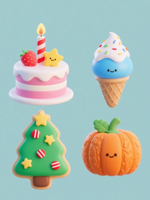 四个不同元素的系列素材集合，每个元素都采用圆润可爱的3D立体风格，具有光滑的材质和柔和的渐变色彩，边缘有轻微的高光和阴影效果，背景为纯色，整体色彩明快活泼，元素之间排布规整。第一个元素是一个双层草莓蛋糕，粉色和白色相间的条纹，顶部有一根点燃的红白条纹蜡烛和一个黄色星星饼干；第二个元素是一个蓝色的冰淇淋甜筒，上面有白色的奶油和彩色的糖屑，蛋筒是浅棕色的；第三个元素是一个绿色的圣诞树形状的饼干，上……预览效果