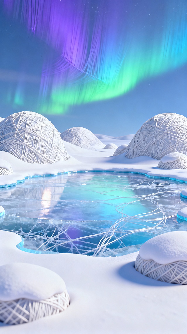 被雪覆盖的山脉环绕下的冰冻湖面，在北极光的映照之下，冰面上有反光，空灵而魔幻的氛围