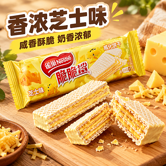 [主图-5] 芝士味特写 咸香口味展示。
[统一基调] 抖音兴趣电商风格 食欲感强 暖调自然光 主色巧克力棕+奶黄+清新绿 标题字用粗黑体白字加浅棕描边 辅助字用深棕细黑体 强调色用亮黄色 整体高清实拍质感。
[画面] 画面主体是两根雀巢脆脆鲨芝士味威化饼干 一根带黄色包装 一根拆开露出芝士威化本体 拆开的威化被掰开 能看到层层芝士夹心 旁边放一块切达芝士和几片芝士碎作原料点缀 背景是浅木色桌面 暖黄色调 产品包装外观与输入图一致。
[光影质感] 暖黄色自然光 芝士层的奶黄光泽诱人 威化酥脆纹理清晰 整体温馨有食欲。
[配色] 背景暖黄木色 产品黄色包装+奶黄芝士为主 标题深棕色字。
[文字版式] 左上角主标题 「香浓芝士味」 副标题 「咸香酥脆 奶香浓郁」 文字不遮挡主体。
[输出要求] 1:1正方形 文字清晰 产品清晰 禁止变形 禁止错字 禁止模糊 禁止水印 禁止平台Logo。