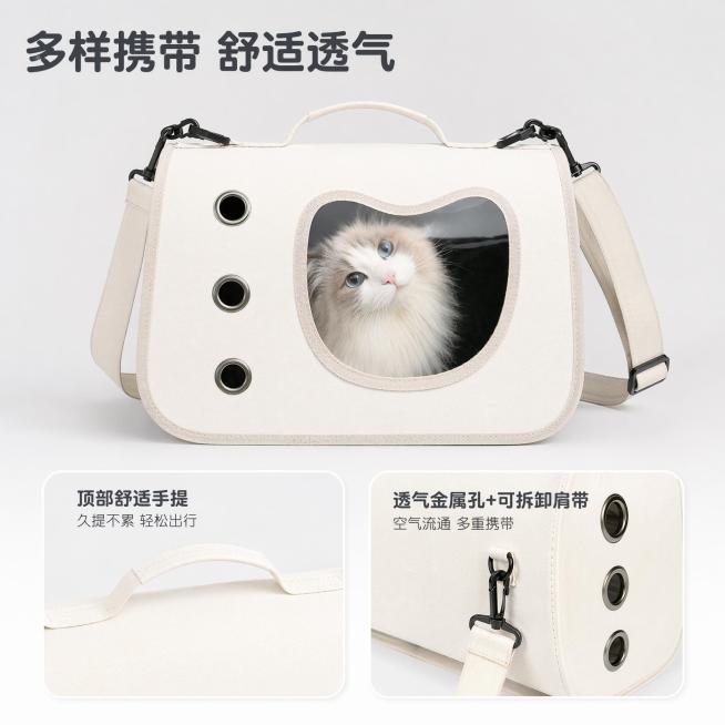 [主图-2] 星奇趣太空罩款猫包核心卖点展示，突出携带方式和透气设计。
[氛围风格] 清爽简约功能展示风，专业清晰突出卖点。
[画质] 商业摄影质感、产品清晰真实、画面干净高级。
[元素] 猫包主体居预览效果