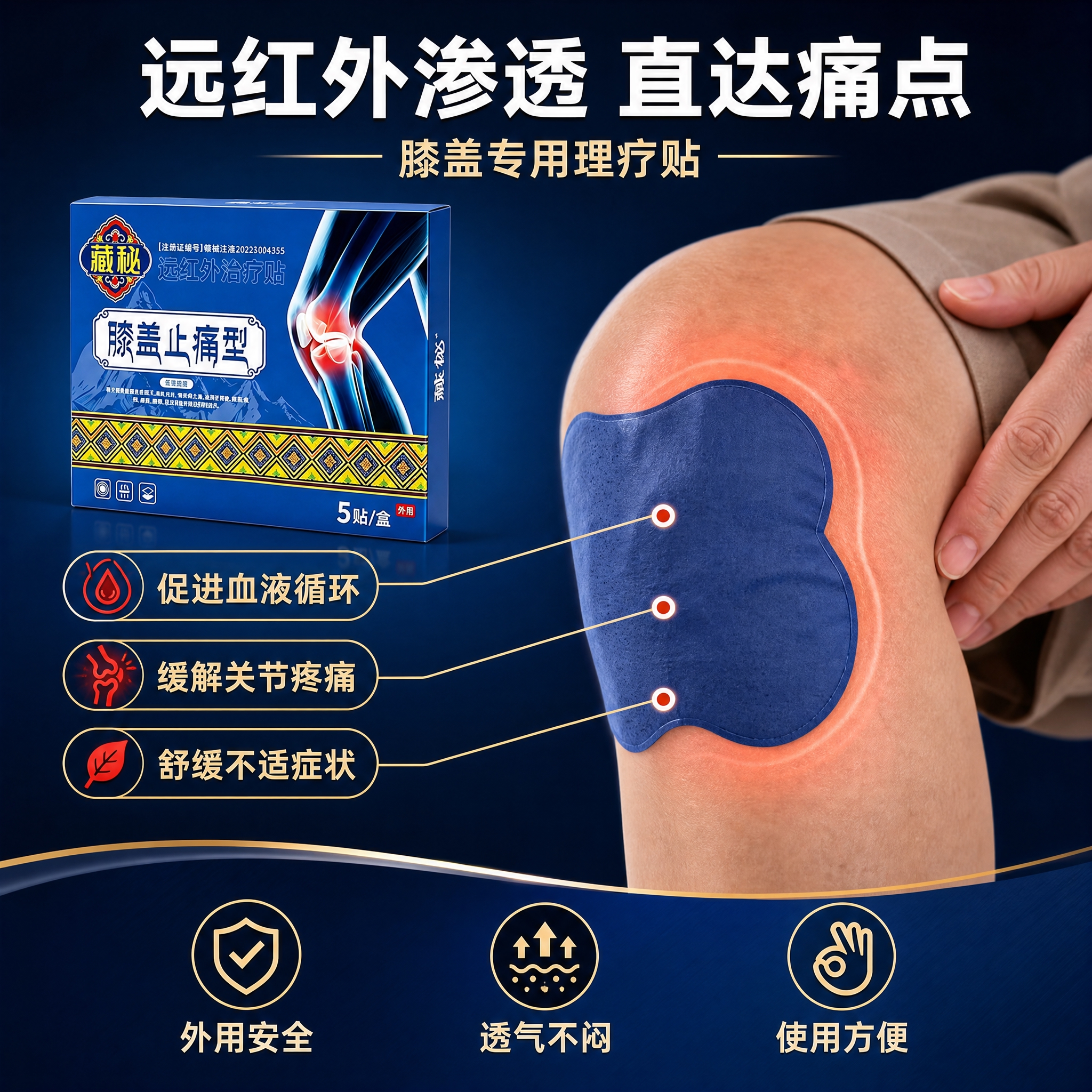 [主图-2] 藏秘远红外膝盖止痛贴核心功能与效果证明图，展示产… - 图片创意预览