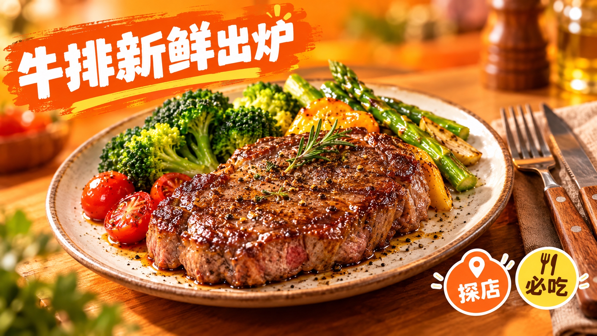 活力美食风格，暖橙色背景，画面中心是一盘色泽诱人的牛排，牛排表… - 图片创意预览