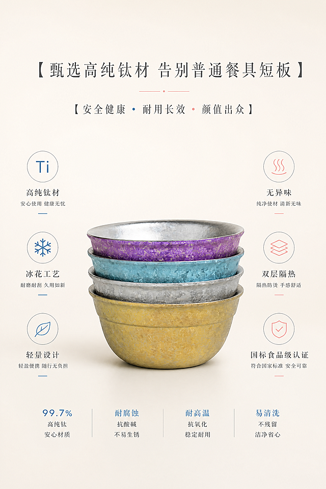 「图片1」「图片1」「图片1」「图片1」「图片1」「图片1」「图片1」「图片1」「图片1」「图片1」通用全局规范（10屏统一执行）
1. 画面比例：严格2:3竖屏，8K高清，质感高级，整体风格统一无割裂。
2. 产品还原：严格还原产品原图所有细节（包装、配色、LOGO位置、文字、图案），去除背景杂物、手部元素；产品尺寸120×65mm，产品本体比例1:1。
3. 视觉风格：自然治愈森系清新风+冰花肌理质感风，融合新中式禅意、简约轻奢、莫奈艺术氛围。
4. 文字效果：无衬线极简字体，细体留白排版，层级清晰，支持左对齐、居中、右对齐排版。
5. 色彩规范：主色米白(#F5F1E9)、金属银(#C8C8C8)；辅助色莫奈蓝(#3A7CA5)、睡莲粉(#F7A7A6)，全页色彩统一。
第1屏：首屏海报·品牌视觉官宣
正向提示词：2:3竖屏，8K超高清，简约轻奢质感，新中式禅意侘寂风原木桌面场景，光影柔和通透。画面中心展示久阳纯钛中式碗，完整还原冰花肌理、多色金属质感、双层结构，精准还原久阳/TITANIUM品牌LOGO位置。主标题居中：【久阳纯钛碗 99.7%高纯度钛】，副标题居中：【食品级安全材质 · 艺术质感居家餐具】。画面留白充足，点缀莫奈睡莲元素，极简高级、质感细腻，无多余杂物。严格还原产品所有细节，去除无关杂物与手部，产品尺寸120×65mm，比例1:1。
负面提示词：画质模糊、低分辨率，色彩杂乱刺眼，有人物、手部、杂物入镜，产品变形比例失调，LOGO错位缺失，字体粗糙，画面拥挤，曝光失衡，带水印乱码，呈现廉价塑料质感。
第2屏：核心卖点·材质权威认证
正向提示词：2:3竖屏，8K高清，森系极简风格，浅米白肌理背景。聚焦产品材质特写，凸显99.7%高纯钛肌理细节，展示食品级安全属性。主标题左对齐：【99.7%高纯钛材质 安全无害】，副标题左对齐：【符合GB 4806.9-2023食品接触国家标准】。分栏模块化排版，左侧文字解析卖点，右侧产品细节特写，字体简约精致，整体专业干净，突出安全材质核心优势。严格还原产品所有细节，去除无关杂物与手部，产品尺寸120×65mm，比例1:1。
负面提示词：画面失真模糊，参数文字错乱不清，排版混乱，色彩突兀，肌理细节丢失，背景花哨，字体变形，画面暗沉，材质显廉价，水印遮挡内容。
第3屏：工艺特写·冰花艺术质感
正向提示词：2:3竖屏，8K超高清，质感特写镜头，新中式雅致氛围，柔和自然光。放大展示碗身冰花结晶立体纹理，呈现银、蓝、紫、黄四色金属渐变光泽。主标题居中：【匠心冰花结晶工艺 独一无二艺术肌理】，副标题居中：【手工质感锻造 每一只碗纹理专属】。极简留白构图，凸显哑光+金属双重质感，浅印莫奈睡莲暗纹点缀，轻奢高级。严格还原产品所有细节，去除无关杂物与手部，产品尺寸120×65mm，比例1:1。
负面提示词：细节模糊、纹理同质化，色彩失真、金属光泽缺失，画面过曝暗沉，排版拥挤，字体粗糙，有杂物噪点，工艺质感廉价普通。
第4屏：结构优势·双层轻量化设计
正向提示词：2:3竖屏，8K高清，极简高级质感，浅色系森系背景，柔和侧光。多角度展示产品双层中空结构，清晰区分内壁银白纯钛、外壁彩色冰花设计，体现轻量化、隔热防烫优势。主标题左对齐：【双层中空结构 轻量化不伤手】，副标题左对齐：【隔热防烫 · 坚固耐用 · 居家百搭】。大小层级排版，疏密对比清晰，整体风格统一高级。严格还原产品所有细节，去除无关杂物与手部，产品尺寸120×65mm，比例1:1。
负面提示词：结构展示模糊、分层效果缺失，产品显厚重无轻量化质感，光影生硬，排版失衡，文字重叠，色彩杂乱，画面廉价，有水印、杂物、手部入镜。
第5屏：多色展示·全系颜值百搭
正向提示词：2:3竖屏，8K超高清，清新治愈风格，原木极简背景，自然柔和光影。对称错落陈列金属银、莫奈蓝、睡莲紫、暖阳黄四款配色产品，清晰展示各配色冰花肌理与金属质感。主标题居中：【四色艺术配色 适配多元居家风格】，副标题居中：【莫奈美学配色 新中式轻奢居家单品】。居中对称排版，色彩柔和协调，画面干净雅致，色彩还原精准。严格还原产品所有细节，去除无关杂物与手部，产品尺寸120×65mm，比例1:1。
负面提示词：配色色差严重，产品摆放杂乱，画面拥挤，色彩饱和过高刺眼，细节模糊，排版混乱，风格割裂，画质模糊。
第6屏：品牌包装·艺术美学加持
正向提示词：2:3竖屏，8K高清，新中式禅意风格，浅素色肌理低饱和背景。产品与全套包装组合陈列，清晰展示莫奈睡莲印刷图案、品牌LOGO、钛含量标识、合格认证等细节。主标题右对齐：【名画艺术包装 品质送礼优选】，副标题右对齐：【颜值与质感并存 居家自用/送礼皆宜】。右对齐强调排版，留白充足，轻奢雅致，凸显包装高端艺术质感。严格还原产品所有细节，去除无关杂物与手部，产品尺寸120×65mm，比例1:1。
负面提示词：包装细节、图案、文字模糊缺失，LOGO错位，名画元素失真，画面暗沉杂乱，排版失衡，字体粗糙，包装质感廉价粗糙。
第7屏：规格参数·精准数据展示
正向提示词：2:3竖屏，8K高清，极简商务质感，纯色浅背景，模块化分栏排版。清晰罗列产品核心参数：型号JY-W01、尺寸120×65mm、钛含量≥99.7%、食品接触级、双层结构、冰花工艺等。主标题居中：【精准产品参数 品质看得见】，副标题居中：【严苛工艺标准 打造高品质钛制餐具】。字体层级分明，排版规整简洁，专业高级。严格还原产品所有细节，去除无关杂物与手部，产品尺寸120×65mm，比例1:1。
负面提示词：参数错乱、缺失、错误，排版无序，画面花哨违和，字体变形，水印遮挡参数，画质模糊，风格不统一。
第8屏：场景适配·多元居家使用
正向提示词：2:3竖屏，8K超高清，自然治愈森系风格，原木餐桌、日式侘寂茶室实景，光影柔和静谧。展示产品日常用餐、品茶、收纳等多元使用场景，凸显新中式家装适配性。主标题左对齐：【多元场景适配 装点精致居家生活】，副标题左对齐：【轻奢艺术餐具 提升生活仪式感】。产品与场景融合自然，排版简约留白，氛围感高级治愈。严格还原产品所有细节，去除无关杂物与手部，产品尺寸120×65mm，比例1:1。
负面提示词：场景廉价杂乱，光影暗沉突兀，产品与场景违和，画面失真，有人物杂物入镜，排版拥挤，色彩杂乱，风格割裂。
第9屏：核心优势·竞品差异化对比
正向提示词：2:3竖屏，8K高清，极简高级质感，浅素色干净背景，对称排版。简约对比展示产品核心优势：高纯钛无异味、冰花工艺耐磨、双层隔热、轻量化、国标食品级认证。主标题居中：【甄选高纯钛材 告别普通餐具短板】，副标题居中：【安全健康 · 耐用长效 · 颜值出众】。卖点清晰直观，排版整洁，留白充足，视觉风格统一。严格还原产品所有细节，去除无关杂物与手部，产品尺寸120×65mm，比例1:1。
负面提示词：对比内容混乱、重点模糊，排版杂乱，文字重叠，背景花哨刺眼，画质模糊，装饰多余，风格割裂。
第10屏：收尾海报·品牌信任与售后
正向提示词：2:3竖屏，8K超高清，简约轻奢收官风格，森系治愈浅背景，柔和光影。画面中心展示产品全景质感图，搭配品牌LOGO、品质保障、售后背书元素。主标题居中：【久阳匠心品质 守护居家健康】，副标题居中：【正品保障 · 精细工艺 · 贴心售后】。居中对称排版，留白高级，整体