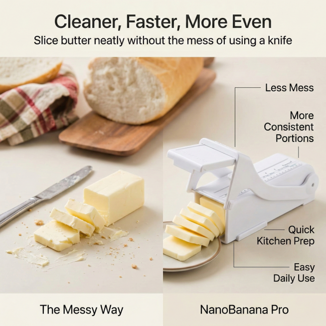 8K high-detail Amazon infographic, white butter slicer (appearance matches uploaded image 100%) on t预览效果