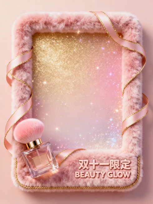C4D美妆弹窗边框，双十一限定，毛绒梦幻风格，天鹅绒柔光质感，粉金渐变底色，香氛瓶与粉扑装饰，丝带金线包边，细闪漫射光效，3D立体感突出，右下角浮雕文字“双十一限定 BEAUTY GLOW”，整体柔和预览效果