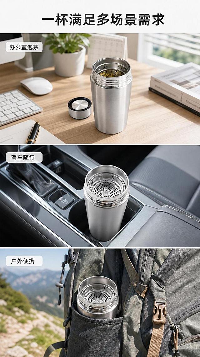 [第5屏] 多场景拼贴展示，展示保温杯在不同日常场景的使用，本屏使用【图1】作为产品原型。
[氛围/风格] 生活氛围感拼贴，明亮自然，真实日常场景质感。
[元素布局] 三格竖向拼贴，分别展示办公室工位泡茶、车载放置、户外出行背包侧插三个场景，每个场景放置西武保温杯，产品保持原图外观，每个场景占比均匀，预留顶部标题区域。
[光影质感] 每个场景自然光照明，符合日常使用光线，产品融入场景自然，光影和谐。
[配色色系] 每个场景保持真实环境色调，整体统一清新风格，背景不突兀。
[视角构图] 竖向三格拼贴，从上到下阅读动线，每个场景独立展示不同用途。
[文字版式] 顶部总标题「一杯满足多场景需求」，每个场景配短标签：「办公室泡茶」「驾车随行」「户外便携」，文字简洁清晰，不遮挡产品主体。
[比例分辨率] 9:16，4K分辨率，文字清晰可辨。
[负向提示词] 产品外观变形，场景拼接杂乱，文字遮挡产品，颜色偏差