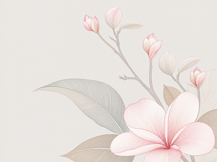 将图1变成图2的风格效果，鸡蛋花主题东方线描装饰画，极简禅意新中式风格，用细腻平行线条塑造花瓣与叶脉形态，线条疏密变化表现层次，低饱和度浅灰底色，主花用红/粉渐变线条，背景花叶用灰/棕/米白层次晕染，预览效果