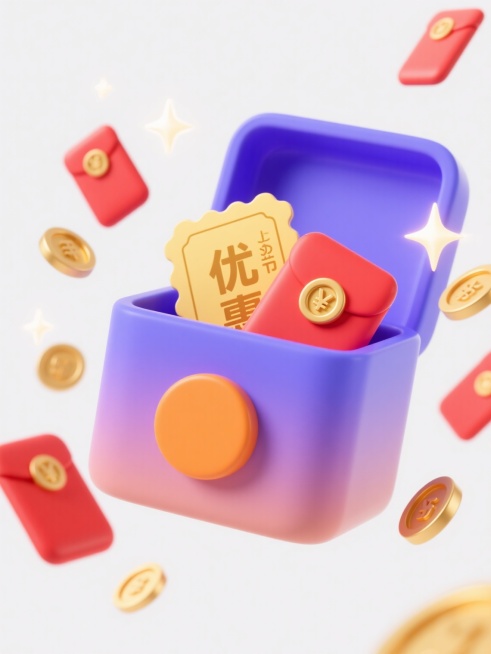 一个渐变蓝紫色的方形礼盒，顶部开口处露出金色的优惠券和红包，礼盒下方有一个橙色的按钮，周围有多个红色的红包和金色的硬币从礼盒中飞出，带有光效和星星点缀，白色背景，整体呈现出电商促销的欢快氛围，卡通风格，圆润的边角设计，明亮的色彩对比，突出的视觉焦点，简洁的构图，充满活力的动态效果。预览效果