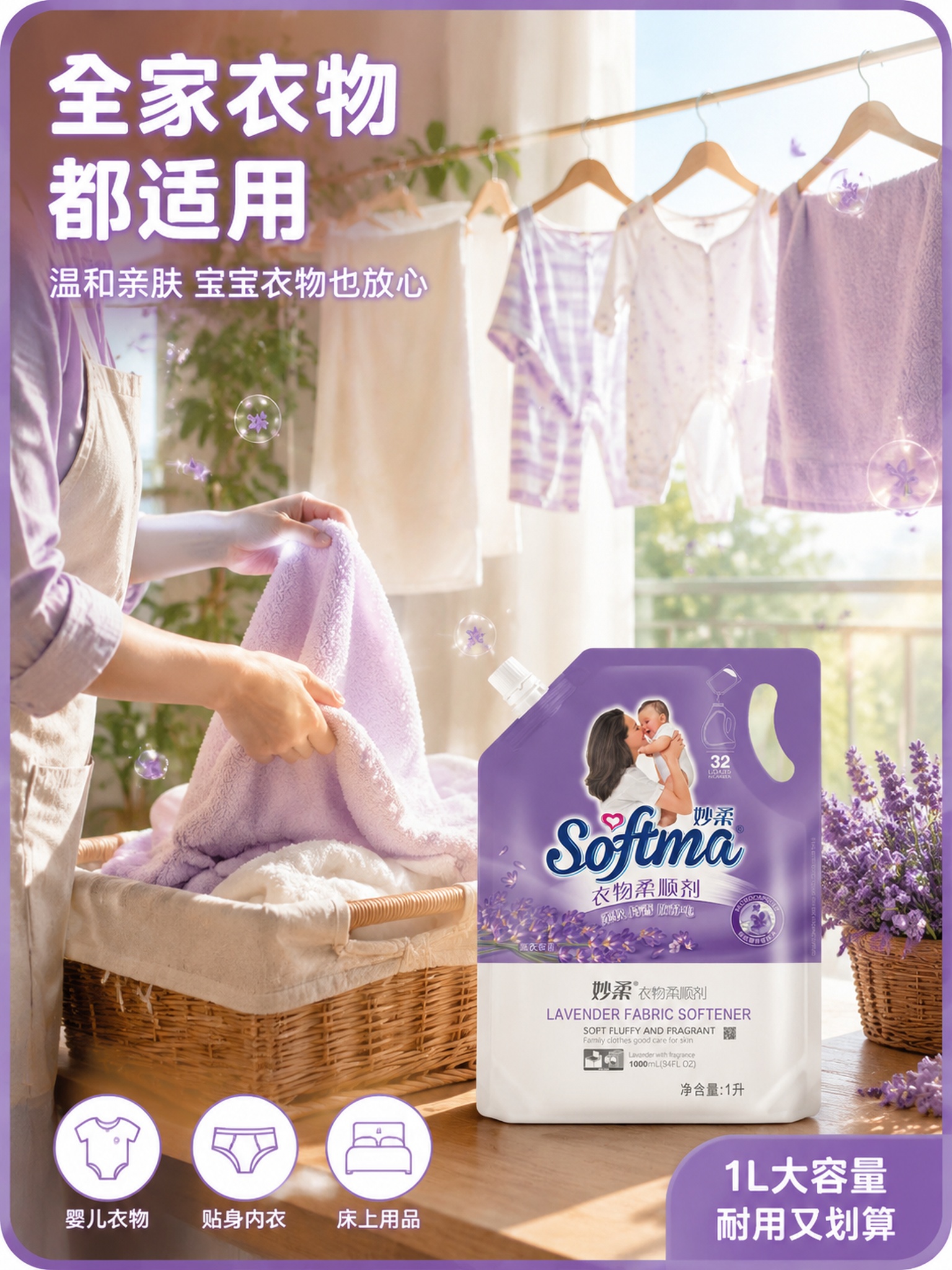 [主图-4] 妙柔衣物柔顺剂家庭场景使用图，阳台洗衣晾晒温馨场… - 图片创意预览