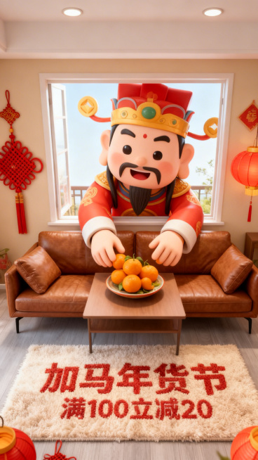 3d卡通风格，客厅景观。Q版巨大灶王爷（形象软萌）从窗户外探身进来，双手把图中主体放在客厅桌上（桌面摆放橘子、果盘），客厅装饰中国结、灯笼元素，暖色调喜庆氛围，画面底部毛绒地毯上绣着“加马年货节”“满预览效果