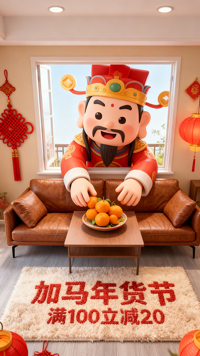3d卡通风格，客厅景观。Q版巨大灶王爷（形象软萌）从窗户外探身进来，双手把图中主体放在客厅桌上（桌面摆放橘子、果盘），客厅装饰中国结、灯笼元素，暖色调喜庆氛围，画面底部毛绒地毯上绣着“加马年货节”“满100立减20”，轻微俯拍视角。