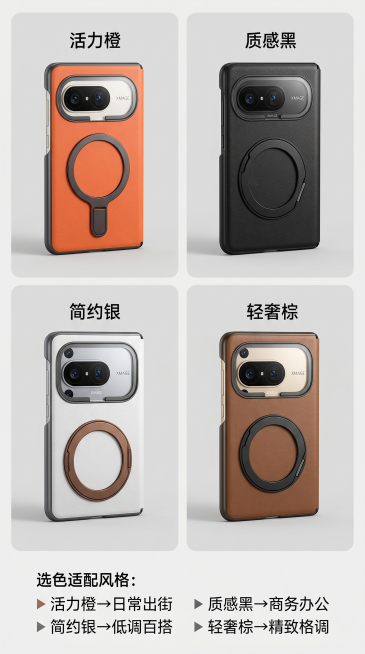「图片1」「图片1」「图片1」第 1 屏（首屏视觉・抓眼）
视觉要求：
拍摄角度：45° 斜侧手持，同时展示橙 / 银 / 棕 / 黑四色手机壳（黑壳在前，其余三色叠在后方），手指轻触黑色壳的旋转支架预览效果