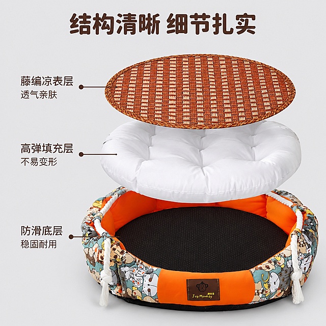 「图片1」，生成一套主图（3张），商品名称是：四季通用可拆洗宠物窝，卖点是：四季通用，不易变形，独立分层易拆洗，耐用更耐咬，适配抖音平台，主图比例为1:1
