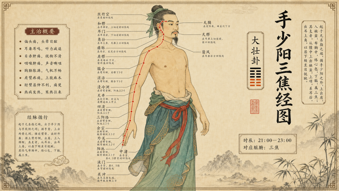 古法中医经络图，中国古风工笔画风格，手少阳三焦经图，包含穴位标注、主治概要、经络循行、时辰对应脏腑信息，版式和参考图一致，复古米黄色宣纸背景，搭配中式山水装饰，文字排版整齐清晰预览效果