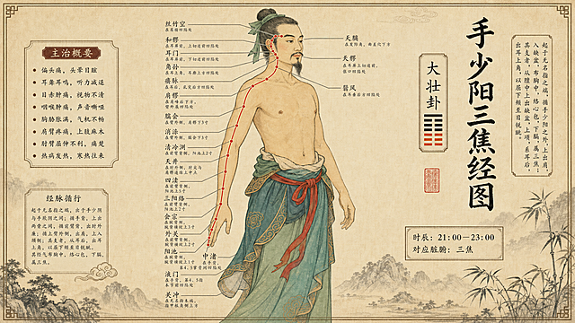 古法中医经络图，中国古风工笔画风格，手少阳三焦经图，包含穴位标注、主治概要、经络循行、时辰对应脏腑信息，版式和参考图一致，复古米黄色宣纸背景，搭配中式山水装饰，文字排版整齐清晰