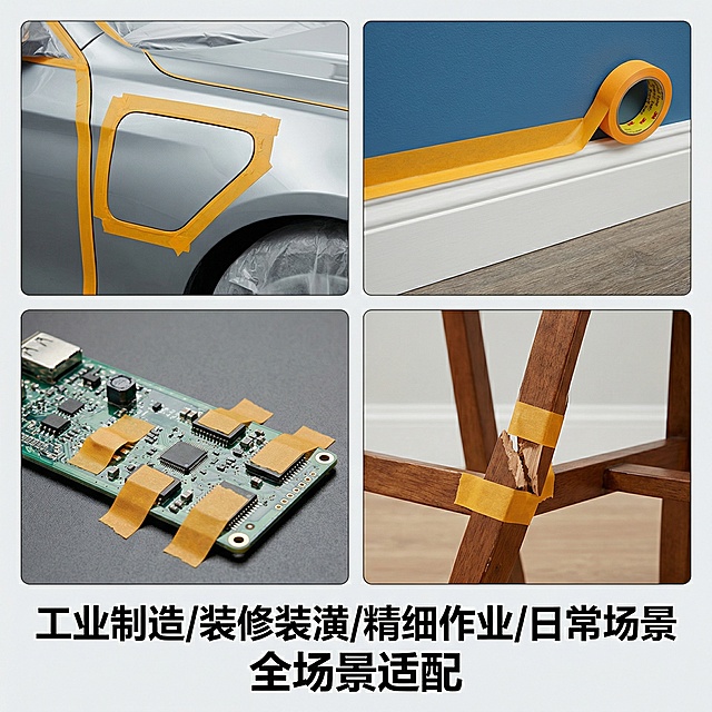 一、核心参数
类别
关键信息
基础属性
品牌：3M Scotch®；颜色：橘黄色（醒目易识别）；厚度：0.08-0.085mm
规格尺寸
宽度可选 10mm、12mm、18mm、24mm 等，常规长度 50m，支持按需分切定制
耐温性能
长期耐温 150℃，短期耐温 180℃，最佳工作温度 100℃（持续 30 分钟）
材质配置
背材：含合成纤维的浸渍平板纸；胶粘剂：化学稳定型丙烯酸胶
力学性能
断裂拉伸强度 3.5kg/12mm，180° 剥离度 130g/12mm，断裂延长率 5%

二、核心卖点
易操作高效率：背材含合成纤维，可徒手整齐撕断且不撕裂，施工无需工具，贴合后边缘不翘起。
洁净无残留：丙烯酸胶经特殊配方，即便户外暴晒或长期驻留，揭除时仍无残胶，省去清洁成本。
遮蔽防渗透：背材充分浸润处理，耐水耐溶剂，喷漆时可阻止漆液渗透，确保遮蔽边缘平整精准。
环境适应性强：抗紫外线老化，可在潮湿、高温等恶劣环境下保持稳定粘性，适配户外与工业场景。
三、多元用途
工业制造：汽车 / 船舶喷漆遮蔽、飞机部件保护、PCB 电路板喷锡防护，适配高温喷涂工艺。
装修装潢：墙面粉刷分色、地板 / 家具遮蔽防尘、玻璃安装时固定与密封胶防溢。
精细作业：电子元件固定、五金件喷涂保护、绘画 / 美缝时的线条定位，保障细节精度。
日常场景：家居维修遮蔽、DIY 手工固定，适配玻璃、金属、塑料等多类表面。
四、核心优势
性能碾压普通美纹纸：相比常规产品，耐温性提升 50% 以上，抗溶剂渗透能力更强，且解决了 “残胶”“渗漆” 两大行业痛点。
全场景适配性：从 - 日常 DIY 到航空航天、航海等高端工业领域，兼顾民用便捷性与工业严苛要求。
品质稳定性：3M 原厂工艺控制，保质期 12 个月（标准储存条件下），性能衰减率低于行业平均水平。
帮我生成淘宝主图按照淘宝主图规格生成要求5张图片必须按照淘宝主图规格进行生成