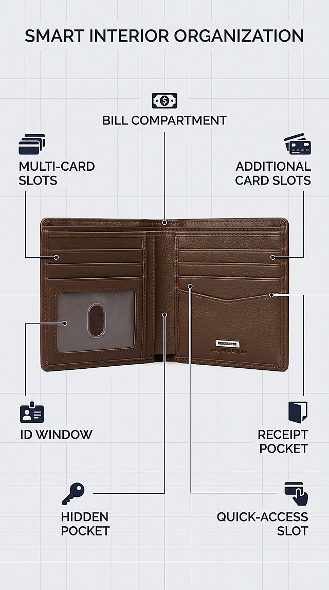 [第4张] 详情页内部结构页-Premium Leather Bifold Wallet钱包内部展开结构展示。本张使用【图1】作为商品主体。
[氛围/风格] Clean product demonstration style, organized and clear, Amazon infographic aesthetic, professional and informative.
[元素布局] Wallet fully opened and laid flat at center, showing interior card slots, bill compartment, and pockets, occupying about 50% of frame; leader lines point from different interior sections to labels; background is soft light gray with subtle grid pattern; small icons next to each label; wallet interior structure, color, material must match brown leather style of input image.
[光影质感] Even top-down lighting, soft shadows, bright and clear, all interior details visible.
[配色色系] Global background #F0EDE8; main color warm brown leather interior; accent color dark navy for text and leader lines; light gray dividers.
[视角构图] Top-down flat lay view, symmetrical composition, wallet centered, reading flow: center wallet → surrounding labels with leader lines.
[文字版式] Layout: center open wallet + surrounding feature labels with leader lines. Labels point to: "Bill Compartment" (full-length for bills), "Card Slots" (multiple card holders), "ID Window" (clear ID pocket), "Hidden Pocket" (secret pocket for valuables); main title "Smart Interior Organization" at top; all text in English, clean sans-serif font, leader lines thin and elegant.
[比例分辨率] 9:16 vertical ratio, 4K resolution, crisp text, high definition.
[负向提示词] wallet deformation, wrong interior structure, color deviation, watermark, garbled text, blurry product, Chinese characters, anti-theft icon, waterproof icon.