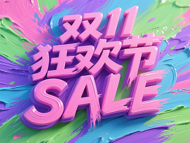 “双11 狂欢节 SALE”，运用抽象表现主义以自由奔放的笔触和富有表现力的色彩运用为特点，色彩丰富且绚丽，运用了粉色、紫色、绿色、蓝色等多种色调，不同色彩相互交织碰撞，形成了强烈的视觉冲击，色彩之间的过渡自然又富有变化。 厚涂的技法使颜料具有明显的肌理感和立体感，颜料的堆积让画面呈现出一种浮雕般的效果。整体给人一种自由、随性且充满活力的感觉，具有很强的艺术感染力和视觉吸引力
