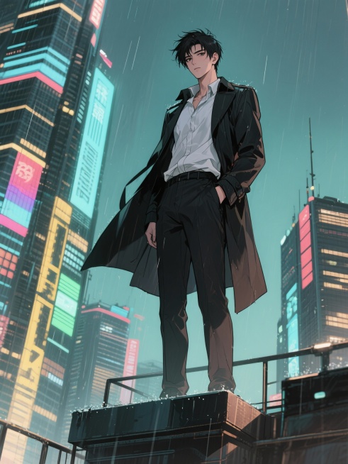 林默全身立绘，27岁都市男性，夜晚站在下雨的摩天楼顶，身穿皱巴巴的白衬衫与黑色风衣，眼圈发黑，神情疲惫但眼神坚定。背景是霓虹闪烁的未来都市，雨丝反光，电影级光影，写实风格，8K超清，辛烷渲染，景深效果预览效果