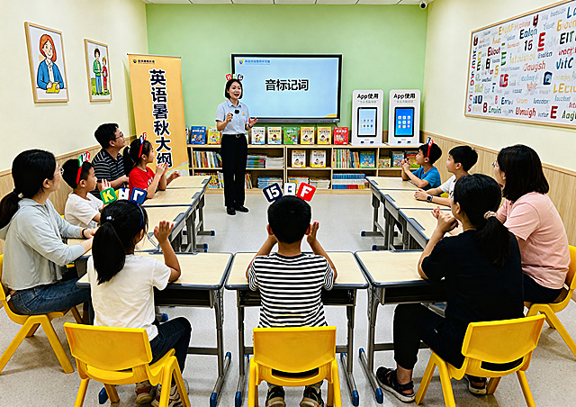 正在举行英语体验课活动的教室场景：英语老师头上戴着字母发卡，站在教室前方的PPT屏幕前宣讲课程内容，PPT屏幕上写着"音标记词"；15名学员围坐成U字形，每位学员面前都有课桌，学员们带着积极互动的表情，每位学员身后坐着一位陪同家长；教室墙壁挂着欧美风格插画，还有由很多英语单词构成的单词墙；教室后端立着一个竖向展架，上面写着"英语暑秋大纲"；后端还有陈列展示区，摆放着英语教材和教辅材料，放着两台ipad展示app功能使用简介，明亮温馨，写实风格，互动氛围活跃。