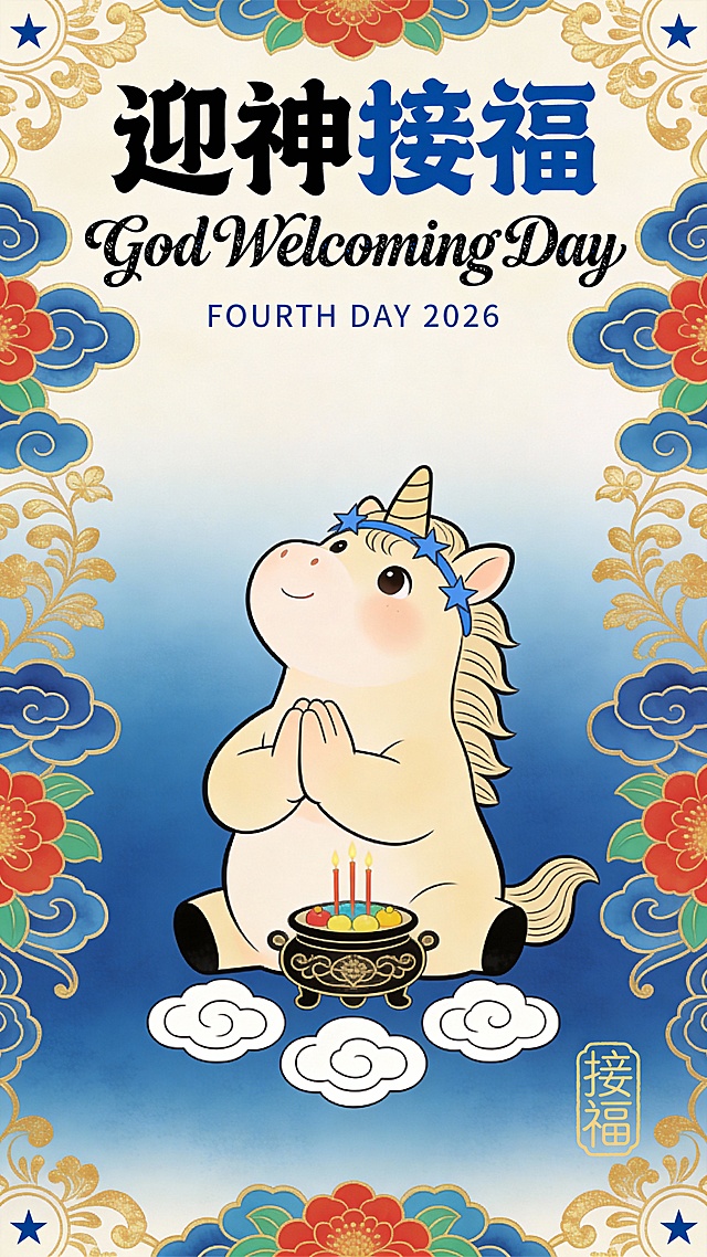 画面顶部横向排列书法笔触 + 几何切割艺术字体的宝蓝色中文 “迎神接福”，字体笔画末端做圆润卷曲处理，下方配缠绕式艺术花体英文 “God Welcoming Day”，英文字母与中文笔画交织，构成视觉主标题；画面底部两侧各竖排一列微小的深蓝色无衬线英文 “FOURTH DAY 2026”，视觉中心右下角盖一枚极简线条的浅金色 “接福” 印章。画面核心主体是抬头仰望、前蹄合十的奶咖色 Q 版卡通小马