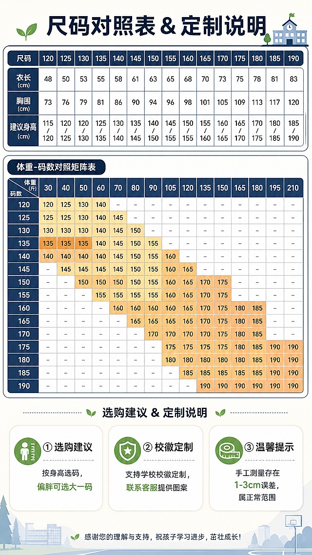 [商品] 使用【图15】尺码表参考图；商品处理：保留尺码表的表格结构、尺码范围（120-190）、衣长/胸围/建议身高数据、体重-码数对照矩阵；优化排版使其更清晰美观，数据内容保持一致。
[画面] 目标：尺码表与定制说明页，方便家长准确选码并了解校徽定制。构图：上半部分为尺码对照表（衣长/胸围/建议身高），中间部分为体重-码数对照矩阵表，下半部分为选购建议和校徽定制说明卡；背景为浅米色渐变，表格用藏青线条和白色底。
[视觉] 套系策略：风格=清新校园风商业摄影；标题字=思源黑体粗体；正文字=思源黑体常规；主色=藏青蓝+纯净白；背景延展=基于藏青蓝做深浅层级、同色渐变和校园场景质感，白色做提亮与留白；强调色=嫩芽绿，仅用于小面积图标、引线、标签和嫩芽标识点缀；标题色=藏青蓝；正文色=深灰；组件=圆角浅底信息卡、细线引线、校园元素图标；光影=左前侧柔和自然光，明亮通透。
[文字] 顶部主标题「尺码对照表 & 定制说明」；上半表：尺码120-190对应衣长、胸围、建议身高；中间矩阵表：体重与码数对照；底部说明卡：①选购建议：按身高选码，偏胖可选大一码 ②校徽定制：支持学校校徽定制，联系客服提供图案 ③手工测量存在1-3cm误差，属正常范围；文字全部横向排版，表格清晰手机端可读。
[规格] 图片比例9:16竖版，4K分辨率，medium质量，避免变形、错字、文字过小、数据错误、冷灰背景、极限词。