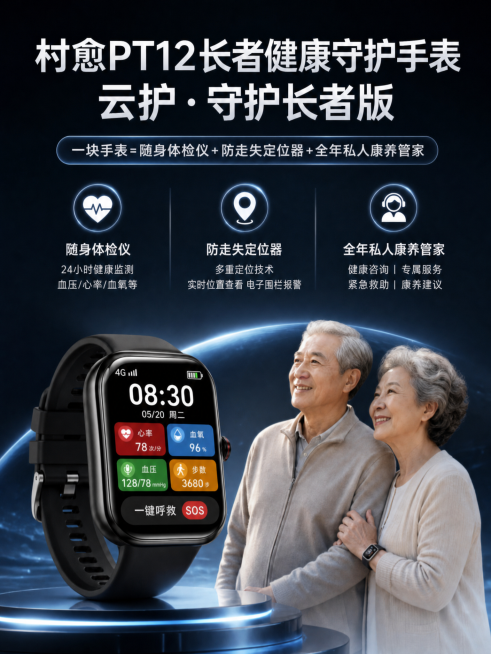 将图片中标题的安瑜替换为村愈，保持原图科技风排版和所有其他内容不变，主标题改为村愈PT12长者健康守护手表 云护·守护长者版，其余功能介绍保留，风格和原图一致。预览效果