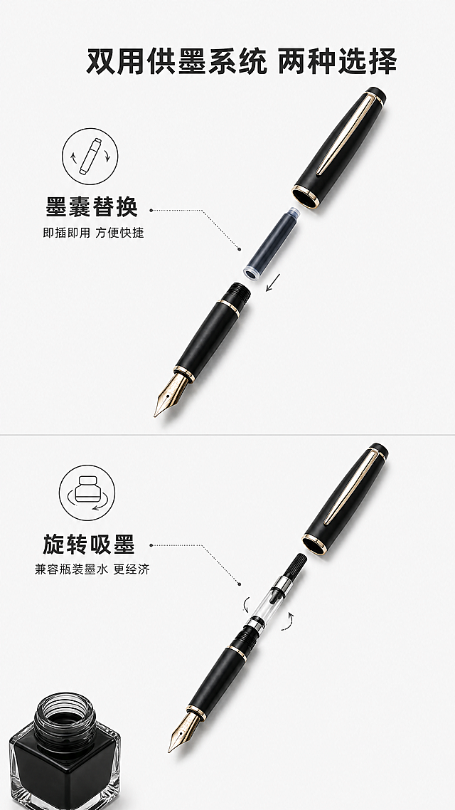 使用商品详情页技能根据商品图「图片1」「图片1」「图片1」生成1套详情页，参考图为「图片1」「图片1」「图片1」「图片1」「图片1」「图片1」，商品名称为德瑞，卖点为德国进口铱金笔尖，航空级铝合金笔身，双用供墨系统，弹力控笔结构，，适配平台为淘宝/天猫，图片比例为9:16，需求屏数为8张，其他要求为