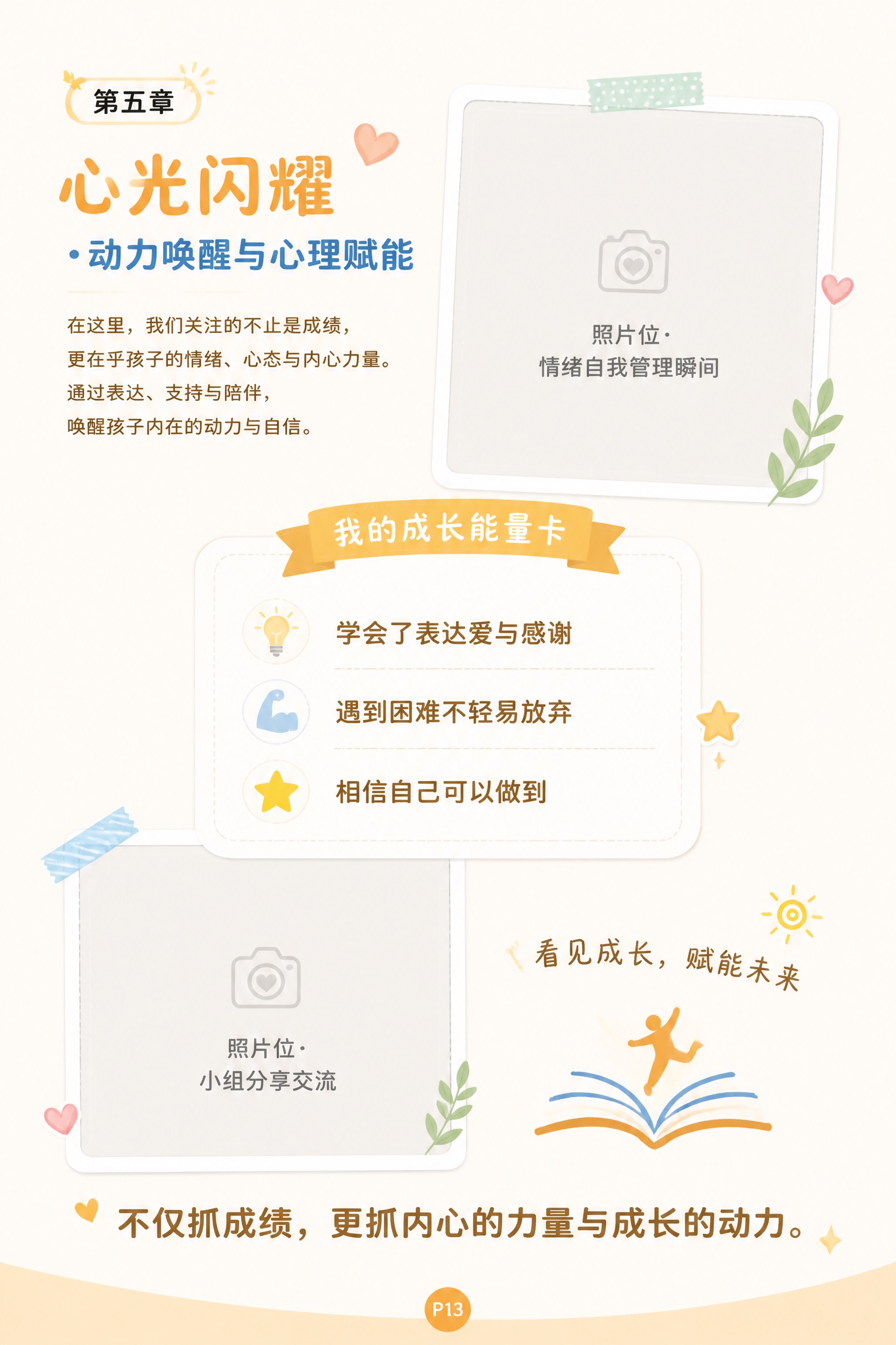 A4竖版成长纪念册跨页右页（P13），第五章"心光闪耀 · 动… - 图片创意预览
