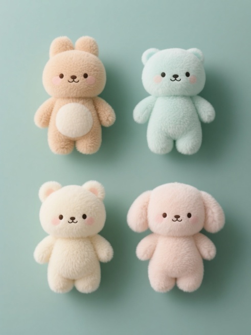 四个规整排布的可爱毛绒玩偶，保持简约现代风格，每个玩偶造型独特，均采用柔和的毛绒质感，色彩搭配清新明快，以纯色背景衬托，整体构图平衡对称，无任何文字、logo及水印，营造出温馨治愈的氛围。预览效果