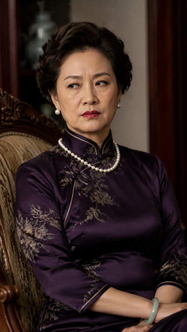 50岁反派婆婆，盘发，妆容精致略显刻薄，穿暗紫色刺绣真丝旗袍，戴海水珍珠项链，气质高傲盛气凌人，自然真实，自然表情，肢体正常，光影自然，皮肤质感自然真实，无过度磨皮，五官自然，非网红整容脸，无浓妆滤镜预览效果