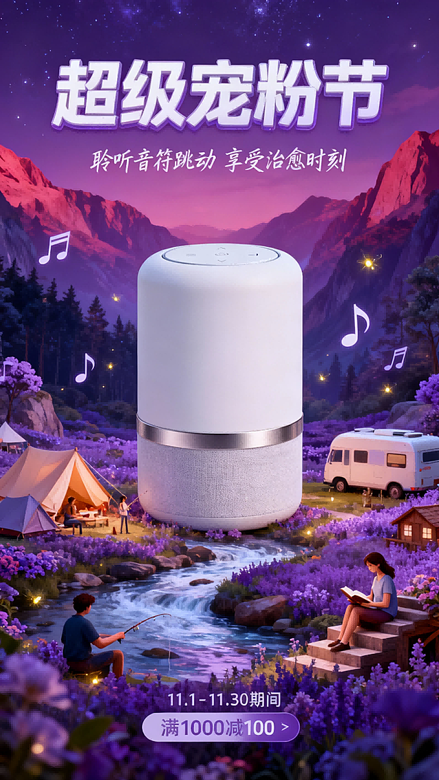 一个巨大的图中主体漂浮在紫色花海与溪流环绕的奇幻山谷中，周围有露营帐篷、房车、小木屋和人物在休闲娱乐，有人在钓鱼、阅读、坐在阶梯上听音乐，空中飘着音符和萤火虫，背景是紫红色山脉与森林，夜空下静谧而浪漫，画面充满童话感与未来科技感，色彩梦幻，上方有白色主标题3D文字“超级宠粉节”，主标题下为手写白色副标题文字“聆听音符跳动 享受治愈时刻”，底部有折扣标签“11.1-11.30期间 满1000减100”，风格为超现实插画，3D渲染，细腻光影，治愈系氛围。